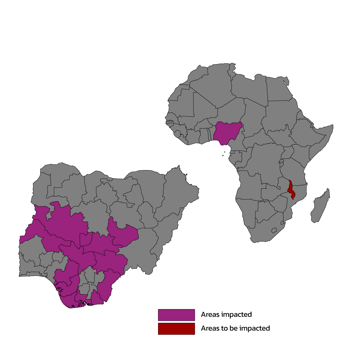 Map of Nigeria and Africa showing the areas where IGE-SRH have impacted
