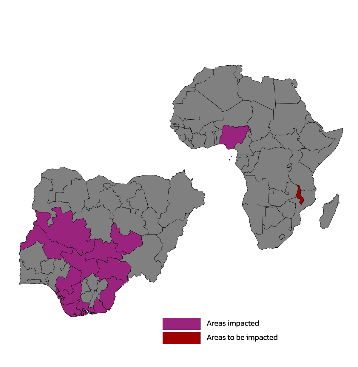 Map of Nigeria and Africa showing the areas where IGE-SRH have impacted